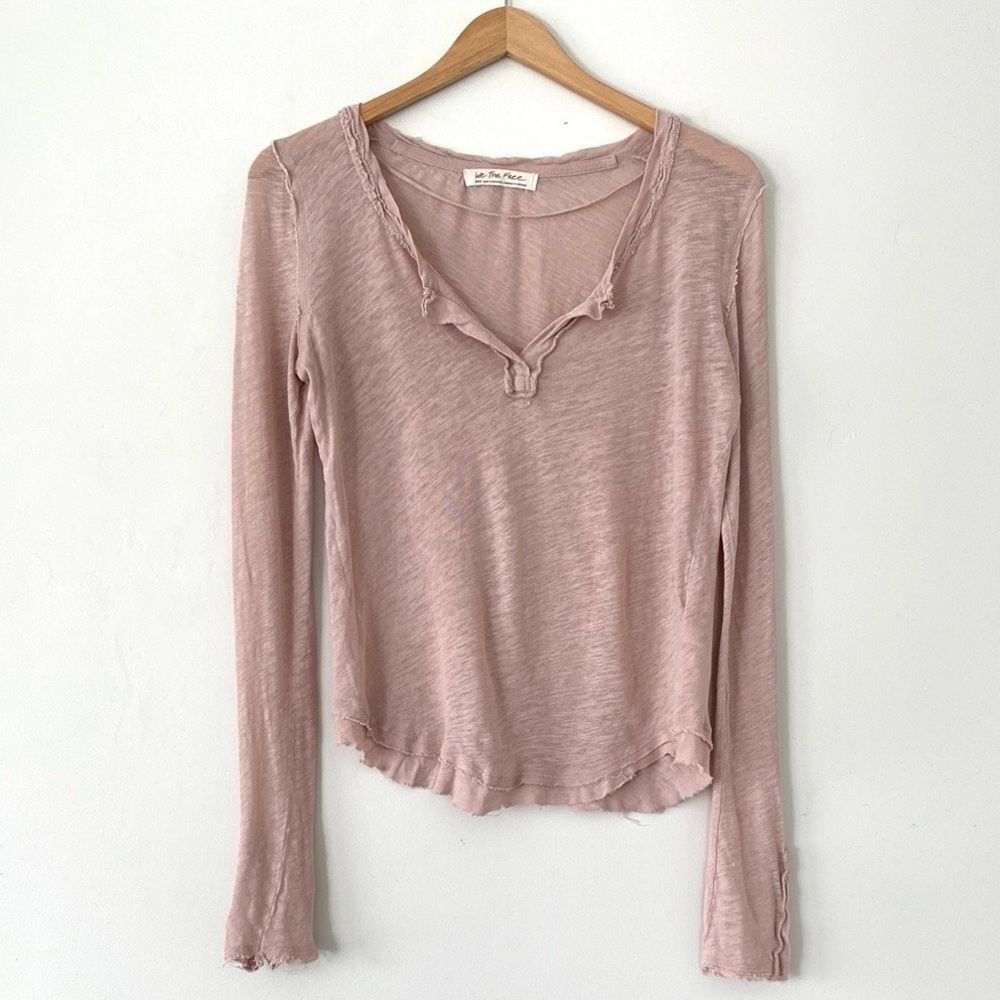 Free People Powder Pink Sheer Fitted Long Sleeve Tee S Boho Beachy Urban Casual